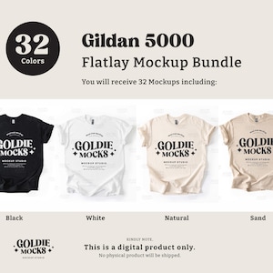 Puede incluir: Un paquete de maquetas de 32 camisetas Gildan 5000 en cuatro colores: negro, blanco, natural y arena. Las camisetas est&aacute;n colocadas planas sobre un fondo blanco. El texto "GOLDIE MOCKS" est&aacute; impreso en cada camiseta.