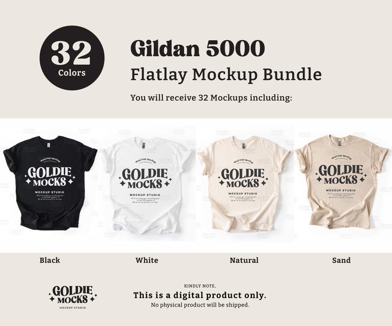 Puede incluir: Un paquete de maquetas de 32 camisetas Gildan 5000 en cuatro colores: negro, blanco, natural y arena. Las camisetas est&aacute;n colocadas planas sobre un fondo blanco. El texto "GOLDIE MOCKS" est&aacute; impreso en cada camiseta.