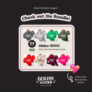 May include: A mockup bundle of 24 different color Gildan 18500 hoodies. The hoodies are shown in a split view, with the back of the hoodie visible. The text "Gildan 18500" and "BACK Split View Mockup Bundle" is displayed on the image. The text "Goldie Mocks" is also displayed on the image.
