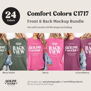 May include: A mockup bundle showcasing Comfort Colors C1717 t-shirts in various colors. The image displays front and back views of the shirts, including Neon Violet, Berry, and Crunchberry. The text indicates 24 colors are available.