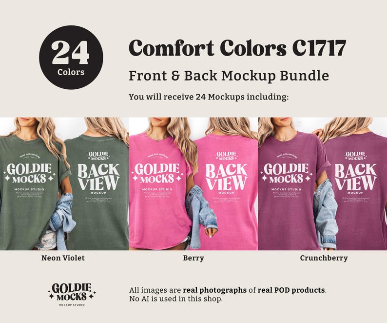 May include: A mockup bundle showcasing Comfort Colors C1717 t-shirts in various colors. The image displays front and back views of the shirts, including Neon Violet, Berry, and Crunchberry. The text indicates 24 colors are available.