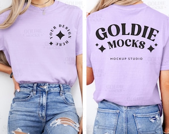 Comfort Colors C1717 Orchid Shirt Front & Back Mockup | 1717 Orchid Purple T-shirt Front Back Split Mock-up | Trendy Minimal Real Model Mock