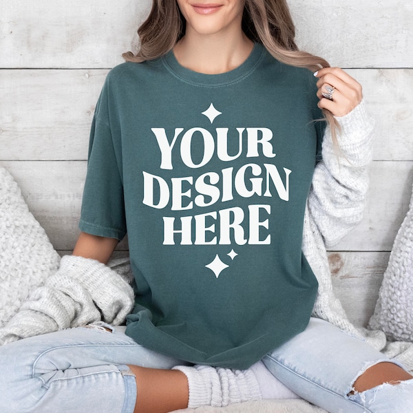 Comfort Colors C1717 Blue Spruce Shirt Mockup | Green T-shirt Mockup | Model Mock | Oversized CC Blue Spruce Mockup | Simple Cozy Lifestyle