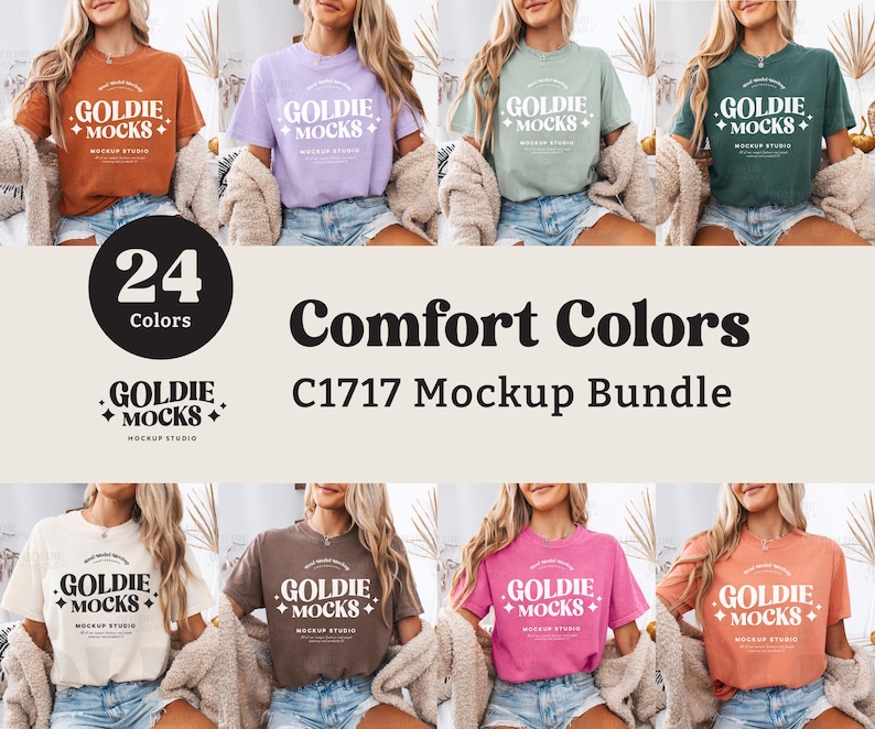 K&ouml;nnte beinhalten: Ein Mockup-Paket mit 24 verschiedenen farbigen T-Shirts mit dem Aufdruck "Goldie + Mocks" und "Mockup Studio". Die T-Shirts werden auf Models in verschiedenen Posen gezeigt.