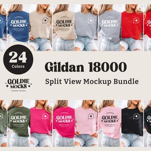 以下が含まれることがあります： 24色の異なるカラーのGildan 18000スウェットシャツのモックアップバンドル。スウェットシャツは、スウェットシャツの前と後ろを示す分割ビューモックアップです。スウェットシャツには、「GOLDIE +MOCKS+ MOCKUP STUDIO」というテキストが印刷されています。