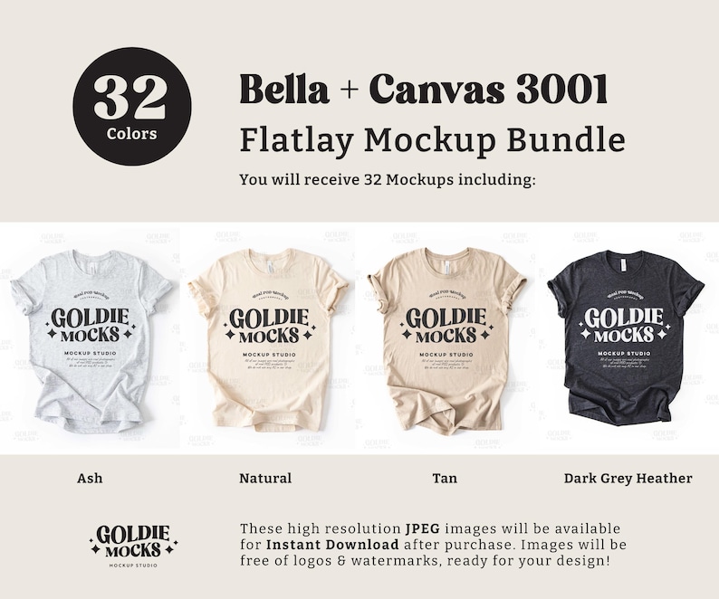 May include: A mockup bundle of 32 t-shirt designs in various colors, including ash, natural, tan, and dark grey heather. The t-shirts are laid flat on a white background. The text "Bella + Canvas 3001 Flatlay Mockup Bundle" is displayed above the t-shirts. The text "You will receive 32 Mockups including:" is displayed below the t-shirts.
