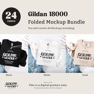 May include: A mockup bundle of 24 folded Gildan 18000 shirts in black, white, and sand colors. The shirts are folded and laid out on a surface with denim fabric. The text "Goldie Mocks" is printed on each shirt.