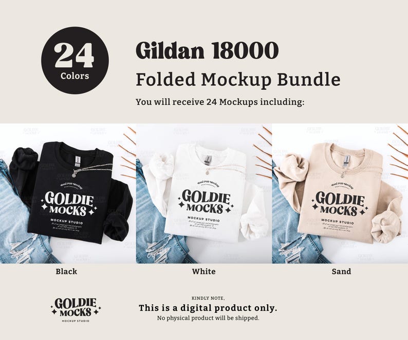 May include: A mockup bundle of 24 folded Gildan 18000 shirts in black, white, and sand colors. The shirts are folded and laid out on a surface with denim fabric. The text "Goldie Mocks" is printed on each shirt.