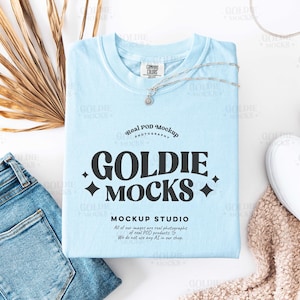 Comfort Colors C1717 Chambray Shirt Flat Lay Mockup | 1717 Blue Folded Tshirt Mock-up | Real Product Mock | Neutral Boho Flatlay Aesthetic