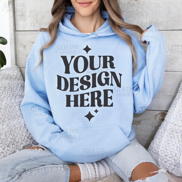 Gildan 18500 Light Blue Hoodie Mockup | G185 Baby Blue Hooded Sweatshirt Mockup | Real Model Gildan Light Blue Hoodie | Simple Neutral Mock