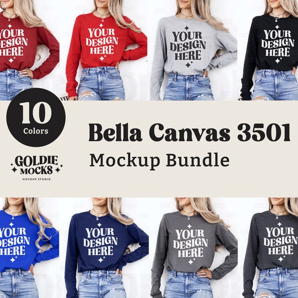 Bella Canvas 3501 Long Sleeve Shirt Mockup Bundle | 3501 Longsleeve Shirt Mock-up Bundle | Real Model Mock | Neutral Casual Simple Minimal
