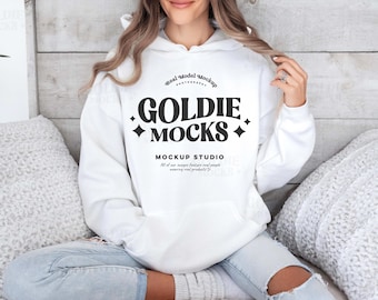 Gildan 18500 White Hoodie Mockup | G185 Hooded Sweatshirt Mockup | Model Mock | Gildan 18500 Hoodie | Oversized Simple White Hoodie Mock-up