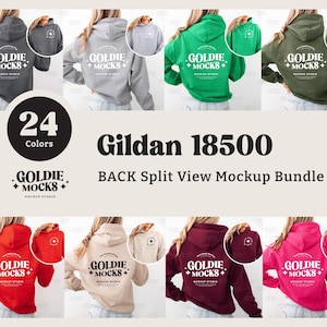 以下が含まれることがあります： 24色のGildan 18500パーカーのモックアップバンドル。画像には、グレー、グリーン、レッド、ピンクなど、さまざまな色のパーカーが表示されています。各パーカーの背面には「GOLDIE MOCKS」の文字がプリントされています。画像には「BACK Split View Mockup Bundle」の文字も含まれています。