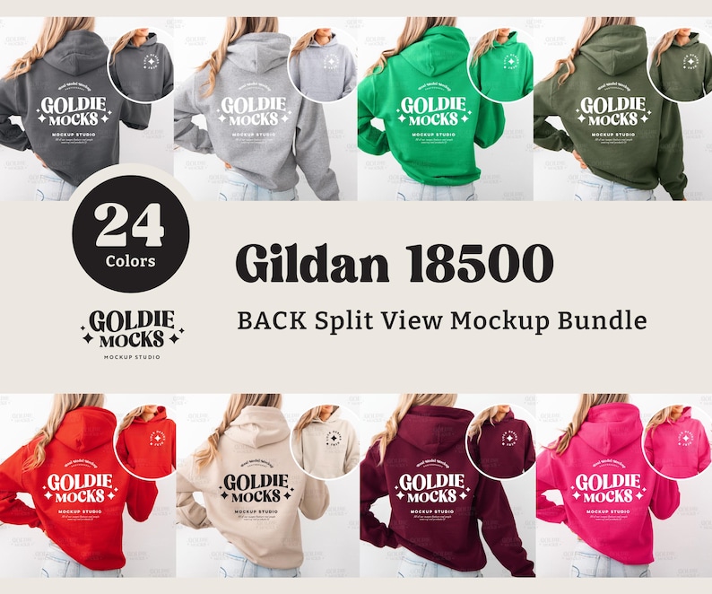 May include: A mockup bundle of Gildan 18500 hoodies in 24 colors. The image shows various hoodies in different colors, including gray, green, red, and pink. Each hoodie has the text "GOLDIE MOCKS" printed on the back. The image also includes the text "BACK Split View Mockup Bundle".