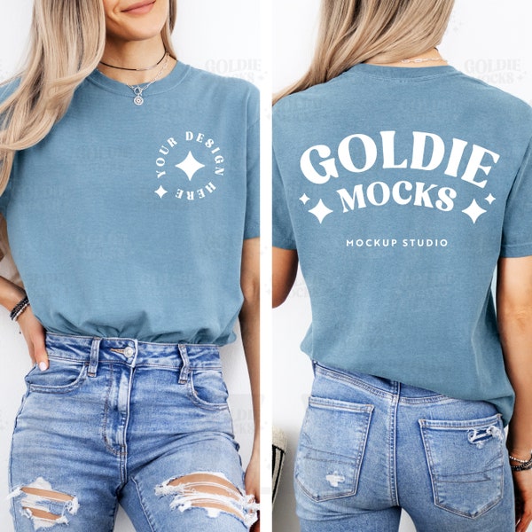 Comfort Colors C1717 Ice Blue Shirt Front & Back Mockup | 1717 Ice Blue Tshirt Front Back Split Mock-up | Trendy Minimal Real Model Mock