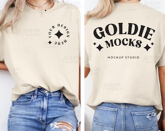 Gildan 5000 Sand Tshirt Front & Back Mockup | G500 Sand Beige Tan T-shirt Front Back Split View Mockup | Real Model Mock | Simple Aesthetic