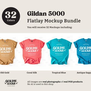 Puede incluir: Un paquete de maquetas de camisetas Gildan 5000 en flatlay, que incluye 32 camisetas de diferentes colores, entre ellos oro viejo, seda coral, azul tropical y zafiro antiguo. Las camisetas presentan el texto "Goldie Mocks" impreso en la parte delantera.