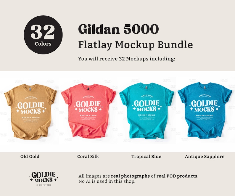 Puede incluir: Un paquete de maquetas de camisetas Gildan 5000 en flatlay, que incluye 32 camisetas de diferentes colores, entre ellos oro viejo, seda coral, azul tropical y zafiro antiguo. Las camisetas presentan el texto "Goldie Mocks" impreso en la parte delantera.
