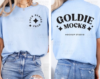 Gildan 5000 Light Blue Tshirt Front & Back Mockup | G500 Light Blue T-shirt Front Back Split View Mockup | Real Model Mock Simple Aesthetic