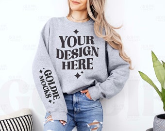 Gildan 18000 Sport Grey Sweatshirt Sleeve Mockup | G180 Grey Crewneck Sleeve Mock-up | Real Model Mock | Simple Cute Casual Styled Aesthetic