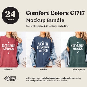 May include: A mockup bundle of 24 t-shirt designs featuring Comfort Colors C1717 fabric. The bundle includes three different color options: crimson, denim, and blue spruce. Each t-shirt features a different design, including the text "GOLDIE MOCKS" and "YOUR DESIGN HERE".