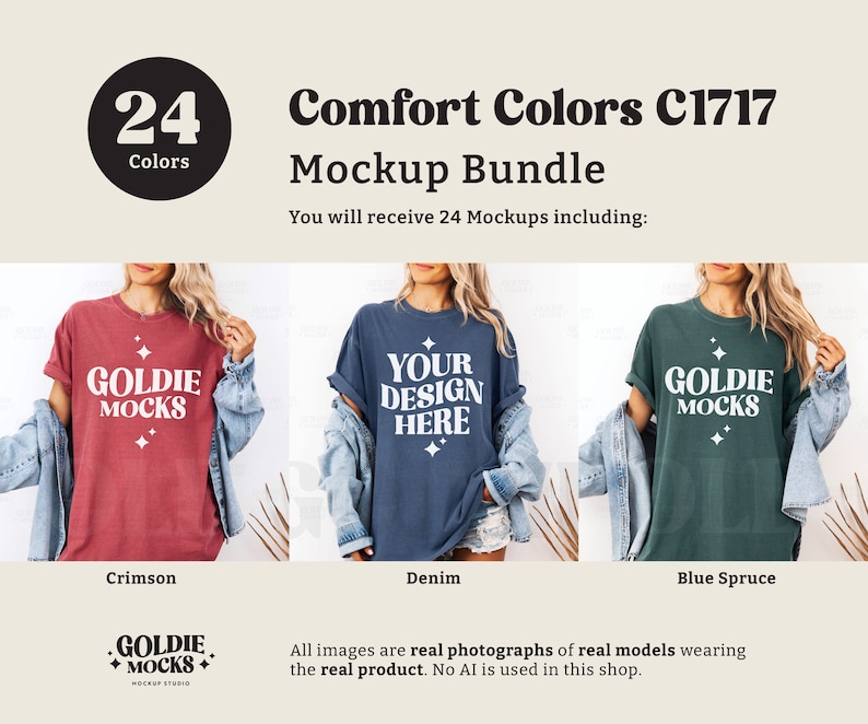 May include: A mockup bundle of 24 t-shirt designs featuring Comfort Colors C1717 fabric. The bundle includes three different color options: crimson, denim, and blue spruce. Each t-shirt features a different design, including the text "GOLDIE MOCKS" and "YOUR DESIGN HERE".