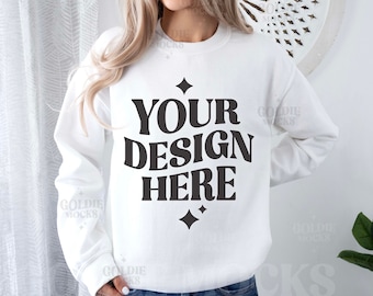 Gildan 18000 White Sweatshirt Mockup | G180 White Crewneck Mockup | Real Model | Gildan 180 White Sweater | Simple Cozy Neutral Minimal Mock