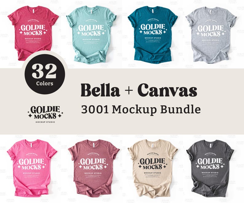May include: A mockup bundle of 32 Bella + Canvas 3001 t-shirts in various colors. The t-shirts are laid flat on a white background. The text "GOLDIE + MOCKS +" is printed on each shirt.