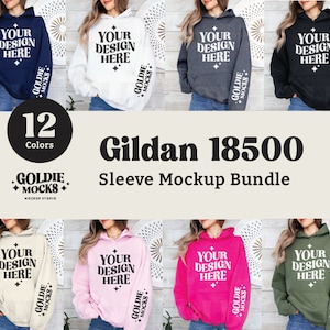May include: A mockup bundle of 12 different color Gildan 18500 hoodies. The hoodies are shown on models with the text "YOUR DESIGN HERE" on the front and "GOLDIE MOCKS" on the sleeve.