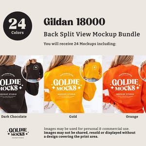 May include: A mockup bundle of 24 Gildan 18000 sweatshirts in three colors: dark chocolate, gold, and orange. The sweatshirts are shown from the back with a split view, showcasing the back design. The design features the text "GOLDIE MOCKS" with a diamond pattern.