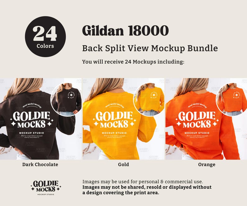 May include: A mockup bundle of 24 Gildan 18000 sweatshirts in three colors: dark chocolate, gold, and orange. The sweatshirts are shown from the back with a split view, showcasing the back design. The design features the text "GOLDIE MOCKS" with a diamond pattern.