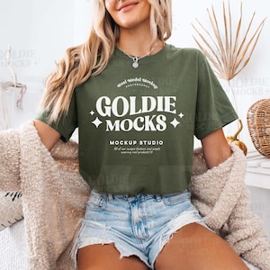 Bella Canvas 3001 Military Green Shirt Mockup | 3001 Green T-shirt Mockup | Real Model Mock | Trendy Cozy Summer Fall Boho Aesthetic Tshirt