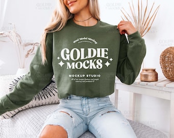 Gildan 18000 Military Green Sweatshirt Mockup | G180 Green Crewneck Sweatshirt Mock-up | Real Model Mock | Trendy Casual Neutral Aesthetic