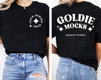 Gildan 64000 Black Tshirt Front & Back Mockup | G640 Black T-shirt Front Back Mock-up | Real Model Mock | Split View Minimal Trendy Shirt
