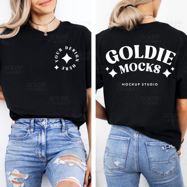 Gildan 64000 Black Tshirt Front & Back Mockup | G640 Black T-shirt Front Back Mock-up | Real Model Mock | Split View Minimal Trendy Shirt