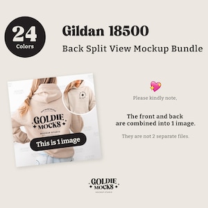 May include: A mockup bundle image featuring a beige hoodie with the text "GOLDIE MOCKS" and "This is 1 image". The image includes a circle with the number "24" and the word "Colors". Text states "Back Split View Mockup Bundle".