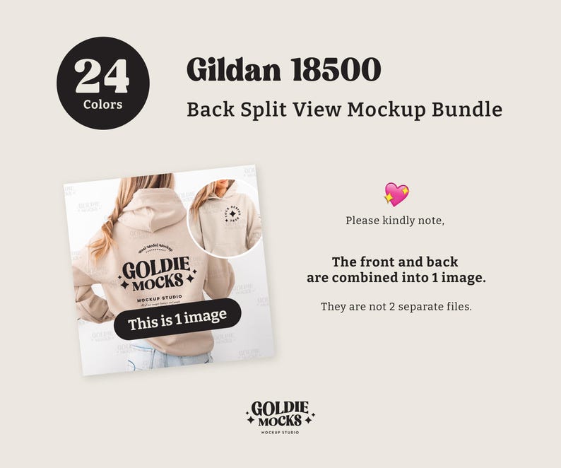 May include: A mockup bundle image featuring a beige hoodie with the text "GOLDIE MOCKS" and "This is 1 image". The image includes a circle with the number "24" and the word "Colors". Text states "Back Split View Mockup Bundle".