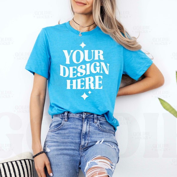 Bella Canvas 3001 Heather Aqua Tshirt Mockup | 3001 Heather Aqua Blue Shirt Mock-up | Real Model Mock | Simple Neutral Minimal Casual Tee