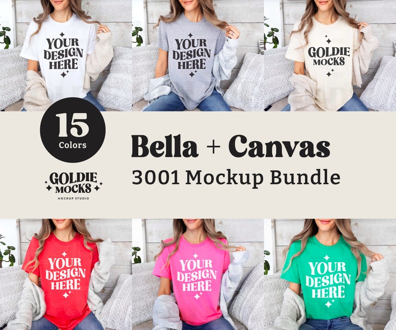 May include: A mockup bundle of 15 Bella + Canvas 3001 t-shirts in various colors, including white, gray, beige, red, pink, and green. The shirts feature the text "Your Design Here" printed on the front.