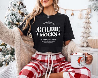 Bella Canvas 3001 Black Tshirt Mockup | BC 3001 Black Shirt Mock-up | Real Model Mock | Cozy Casual Flannel Christmas Holiday Aesthetic