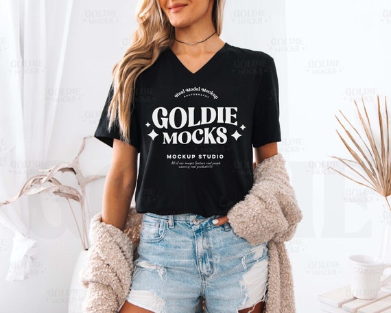 Bella Canvas 3005 Black Vneck Tshirt Mockup | BC 3005 Black V-Neck Shirt Mock-up | Real Model Mock | Trendy Cozy Casual Neutral Aesthetic