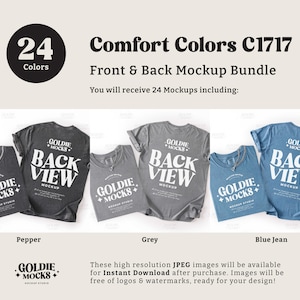 May include: A mockup bundle featuring Comfort Colors C1717 t-shirts in various colors, including pepper, grey, and blue jean. The front and back views of the shirts are displayed, with the text "BACK VIEW" prominently featured. The image includes the text "24 Colors" and "Instant Download".