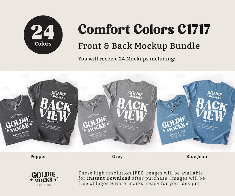 May include: A mockup bundle featuring Comfort Colors C1717 t-shirts in various colors, including pepper, grey, and blue jean. The front and back views of the shirts are displayed, with the text "BACK VIEW" prominently featured. The image includes the text "24 Colors" and "Instant Download".