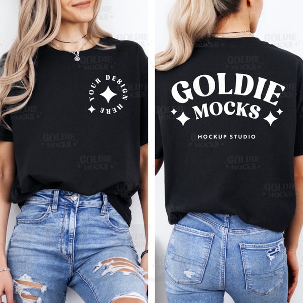 Gildan 5000 Black Tshirt Front & Back Mockup | G500 Black T-shirt Front Back Split View Mockup | Real Model Mock | Simple Trendy Aesthetic
