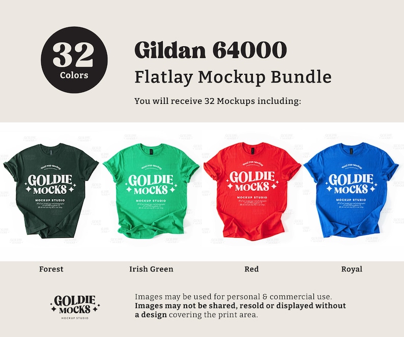 Op de afbeelding: Een flatlay mockup-bundel met 32 Gildan 64000 T-shirts in verschillende kleuren, waaronder bosgroen, Iers groen, rood en koninklijk blauw. De shirts liggen op een witte achtergrond en hebben de tekst "GOLDIE + MOCKS +" op de voorkant.