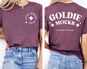 Bella Canvas 3001 Heather Maroon Tshirt Front Back Mockup | BC 3001 Maroon Shirt Front Back View Split Mock-up | Dual View Real Model Mock