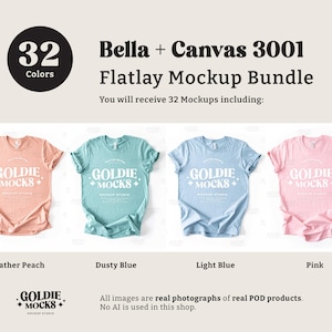 May include: A flatlay mockup bundle featuring 32 different color variations of a Bella + Canvas 3001 t-shirt. The t-shirts are shown in heather peach, dusty blue, light blue, and pink.