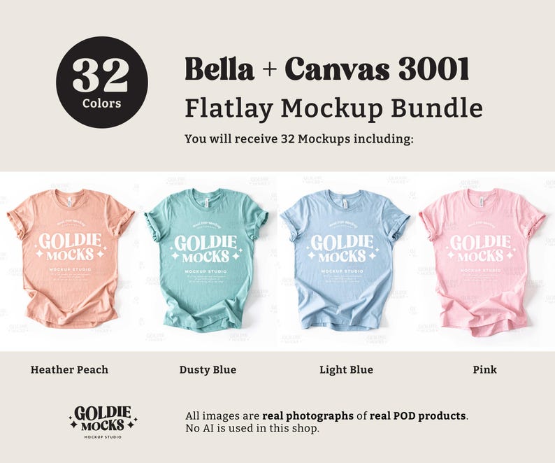 May include: A flatlay mockup bundle featuring 32 different color variations of a Bella + Canvas 3001 t-shirt. The t-shirts are shown in heather peach, dusty blue, light blue, and pink.