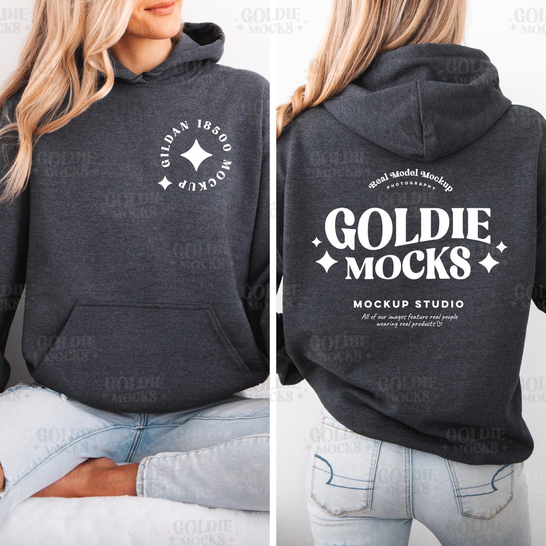 Gildan 18500 Dark Heather Hoodie Front & Back Mockup | G185 Grey