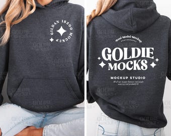 Gildan 18500 Dark Heather Hoodie Front & Back Mockup | G185 Grey Hooded Sweatshirt Split Mockup | Real Model Mock | Simple Minimal Dual Back